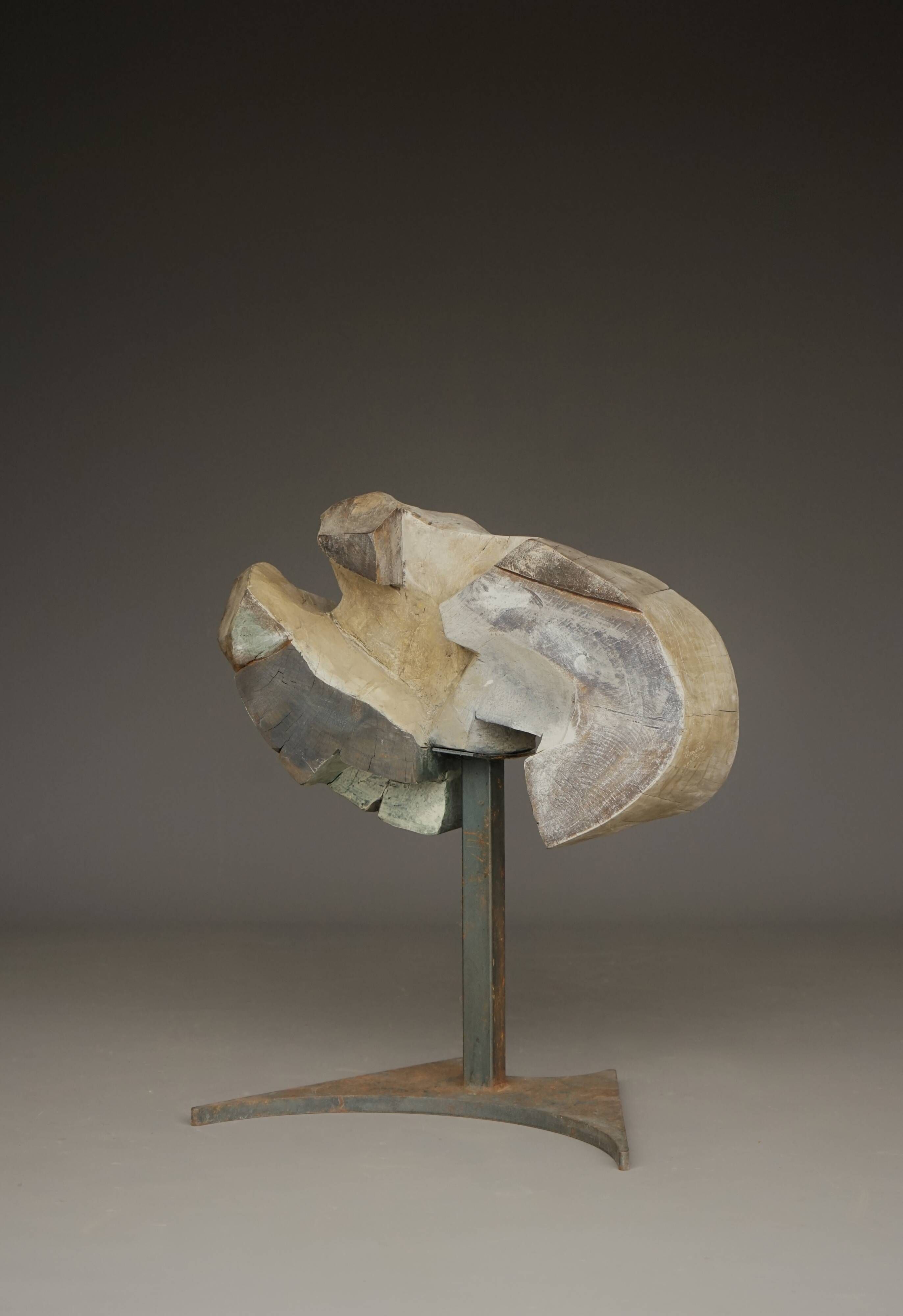 Brutalist abstract sculpture in wood and carved metal, 1970s