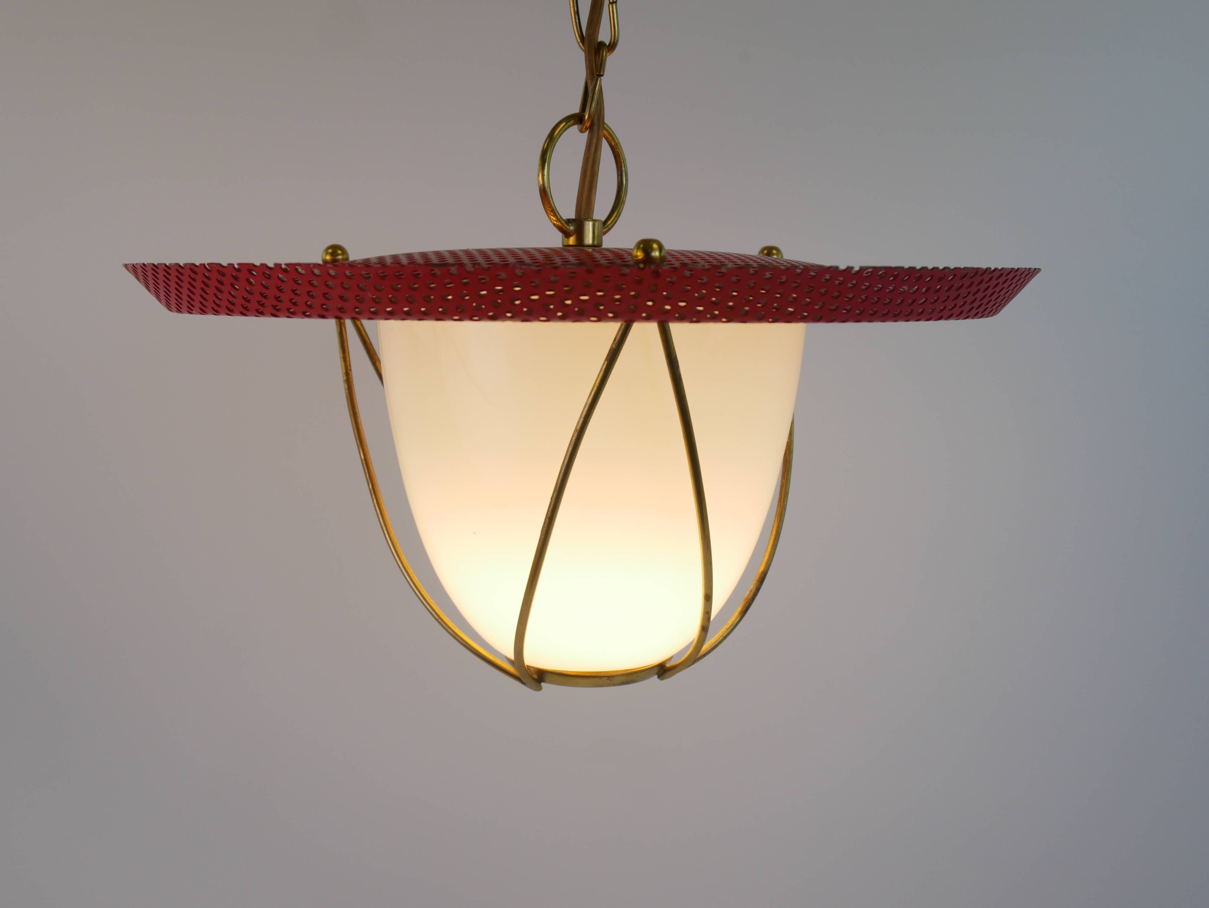 Suspension in perforated red lacquered metal, brass and opaline in the style of Mathieu Matégot