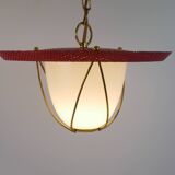 Suspension in perforated red lacquered metal, brass and opaline in the style of Mathieu Matégot