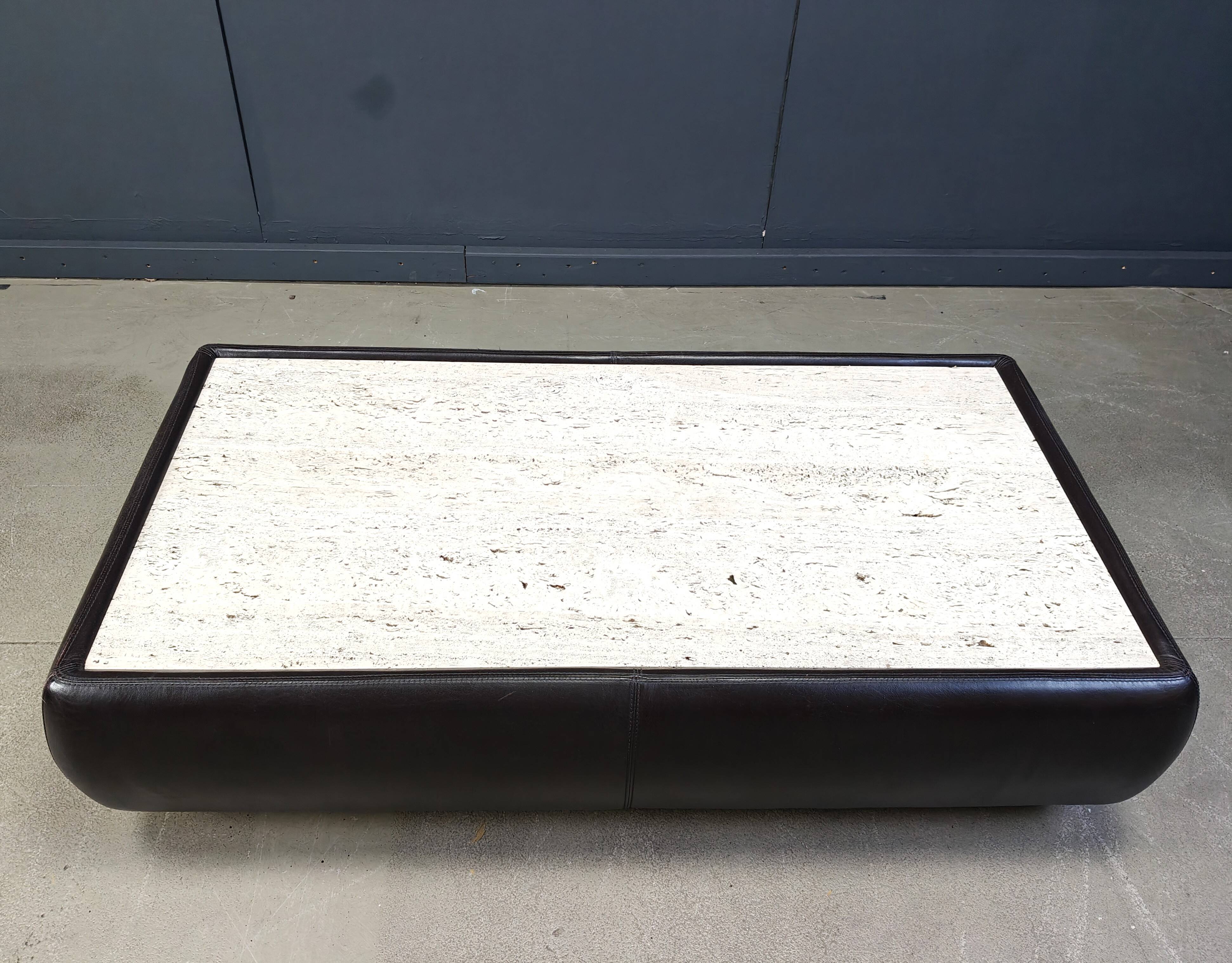 Leather and travertine coffee table attr to Desede, 1970s