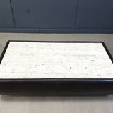 Leather and travertine coffee table attr to Desede, 1970s