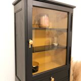 Vitrine vintage en bois massif, noir et jaune