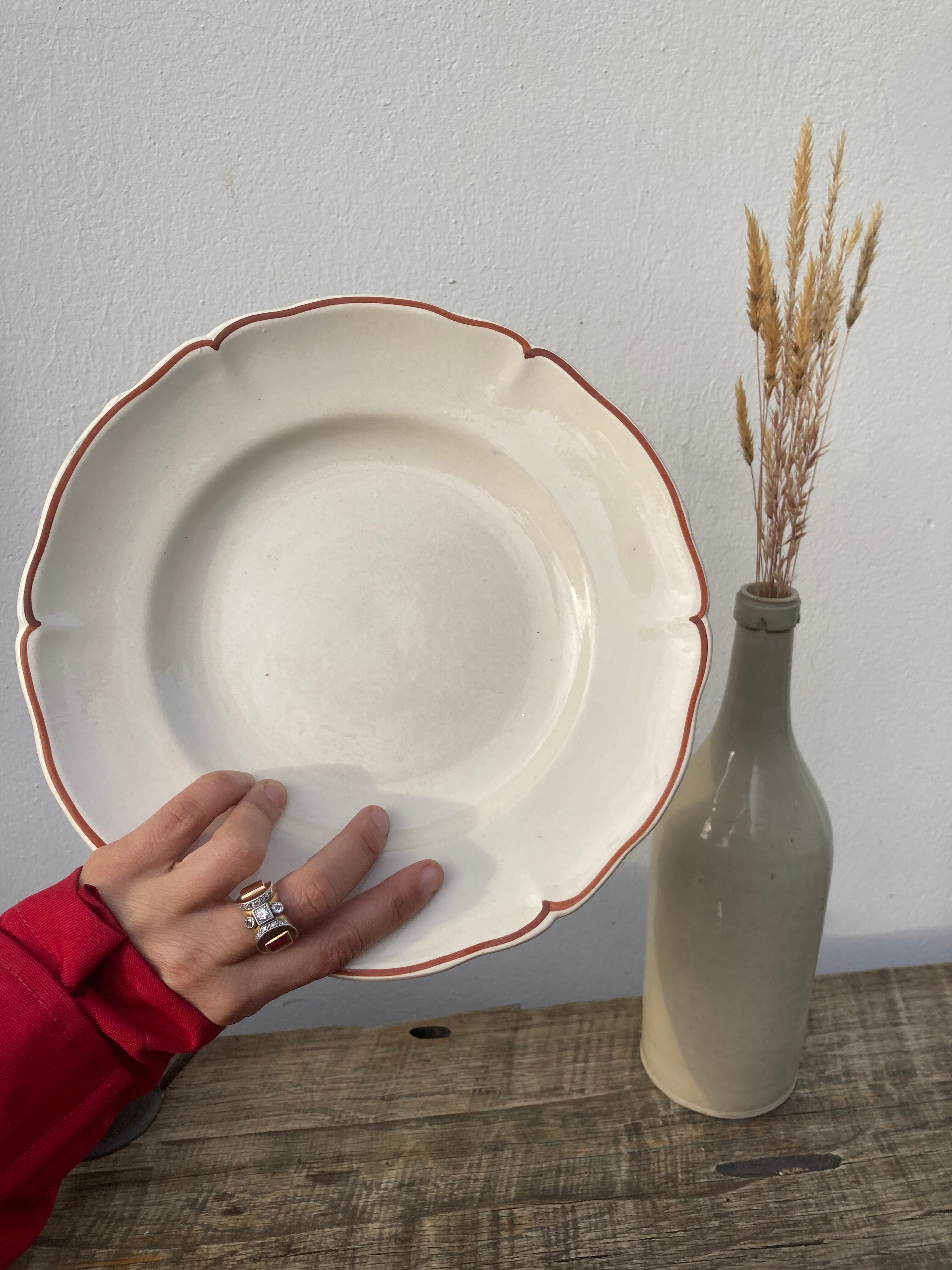 12 white old flat plates with brown fillet