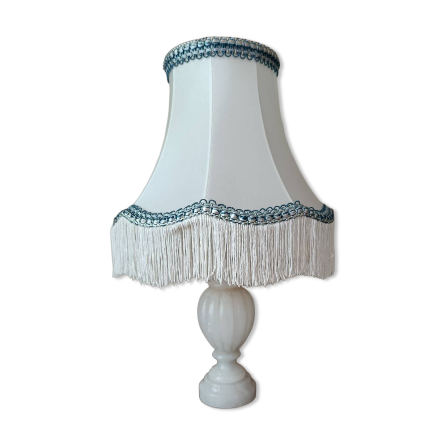 Alabaster lamp, satin white and blue pagoda shade.