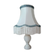 Alabaster lamp, satin white and blue pagoda shade.
