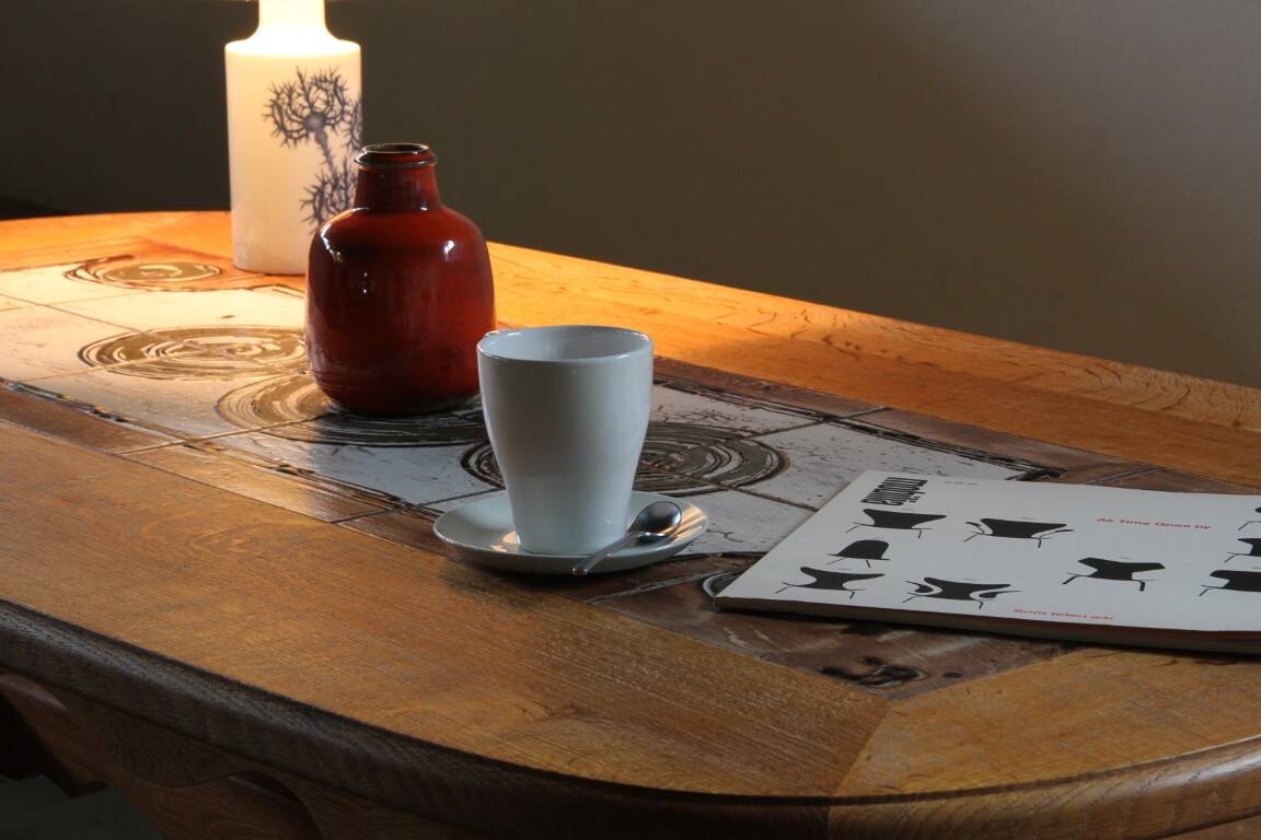 Vintage Danish brutalist oak & tile coffee table in the style of Henning Kjærnulf, 1960s