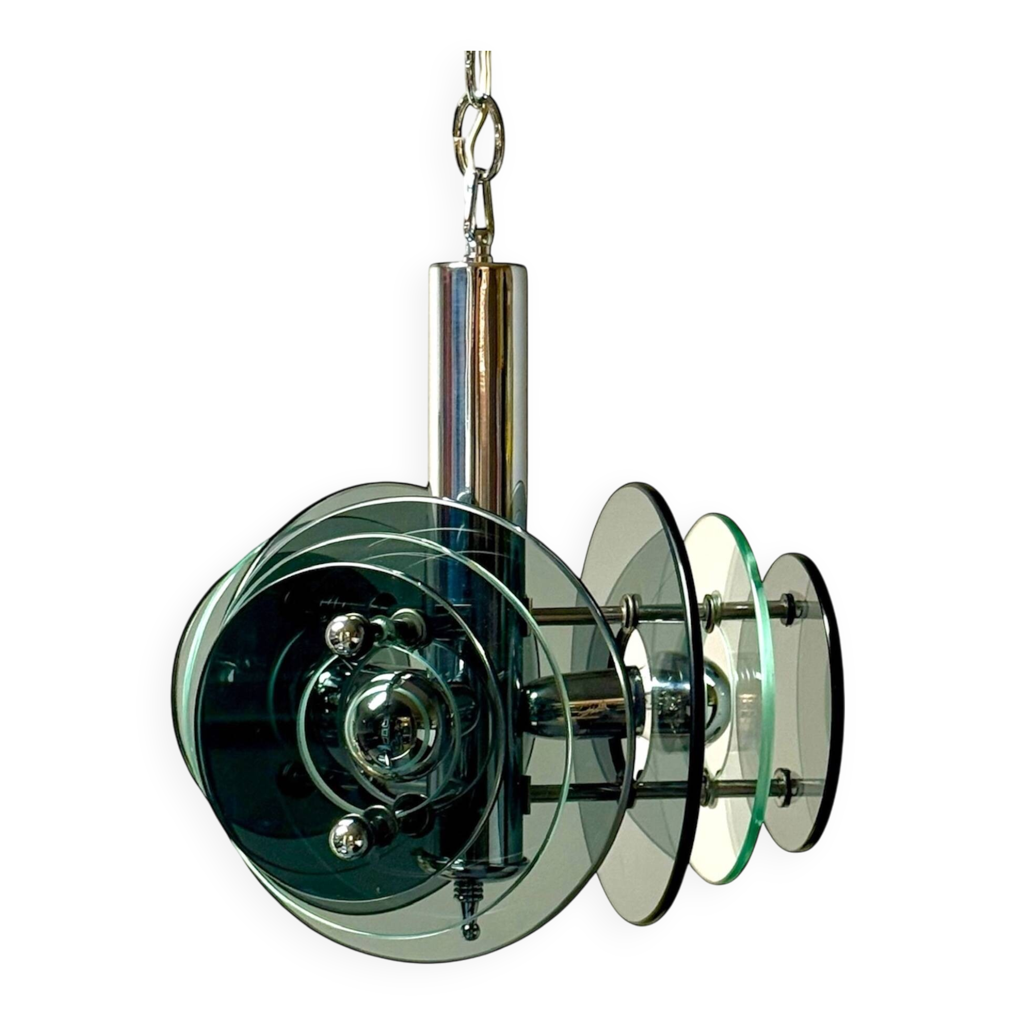 Large Space Age Pendant Lamp VECA in Chrome Metal and Glass, 1970s