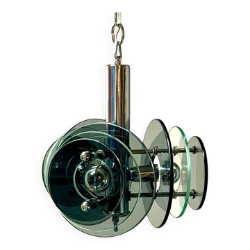 Large Space Age Pendant Lamp VECA in Chrome Metal and Glass, 1970s