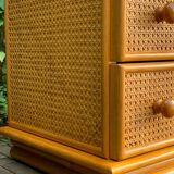 Chest of drawers and bedside table in rattan cane and oak, vintage 1970s