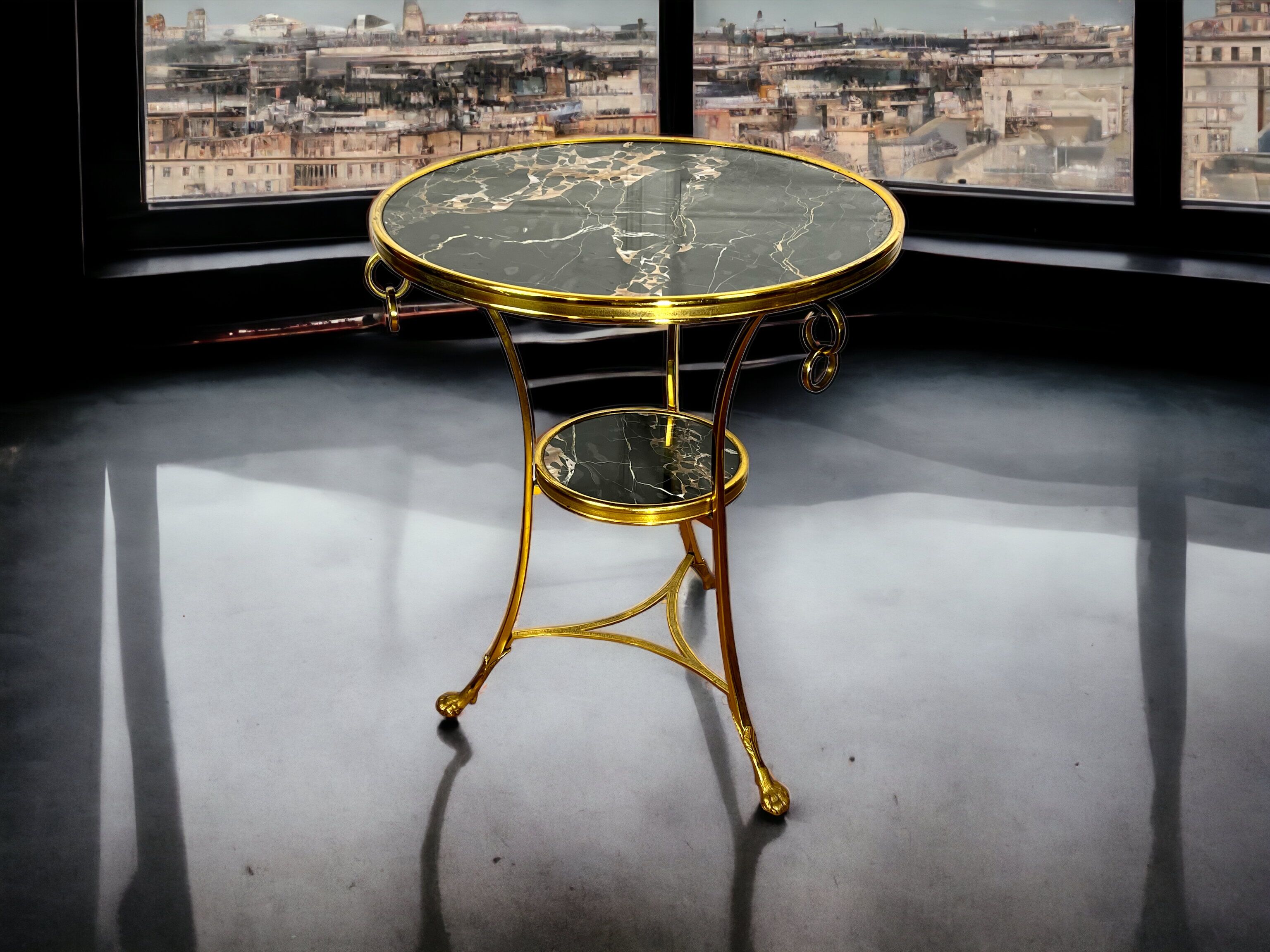 Gueridon tripod with gilded bronze frame covered with portor marble