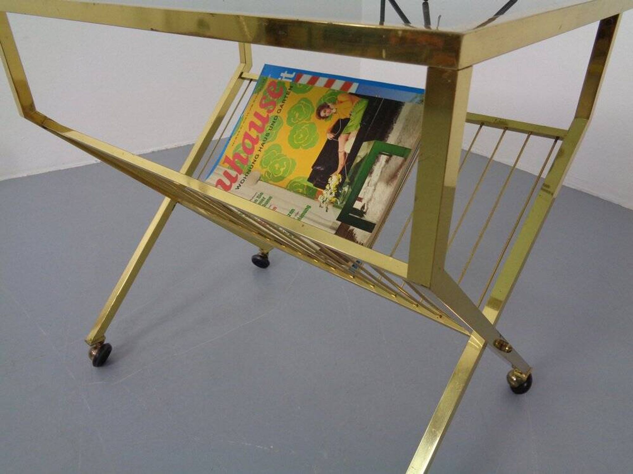 French brass and glass cart with magazine rack, 1960s
