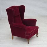 1960s, Danish highback wingback armchair, cherry-red furniture velour.