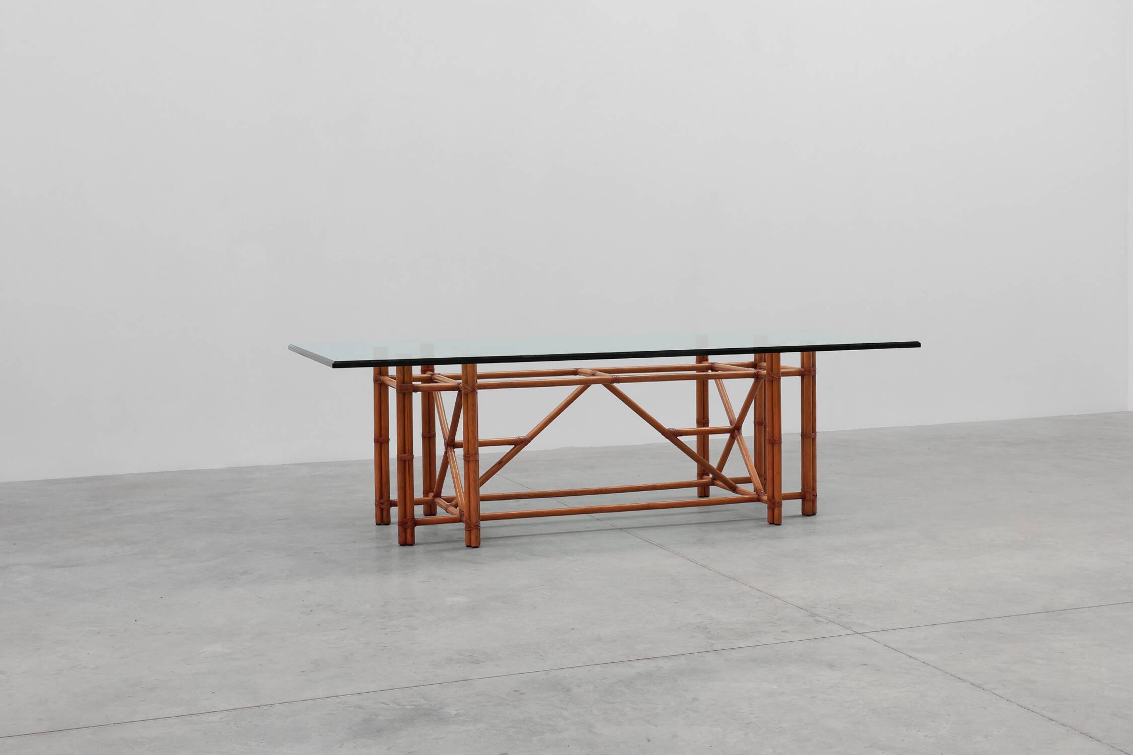 Large monumental bamboo dining table with glass top by Gasparucci, Italy