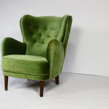 Fauteuil danois en velours vert, années 1950