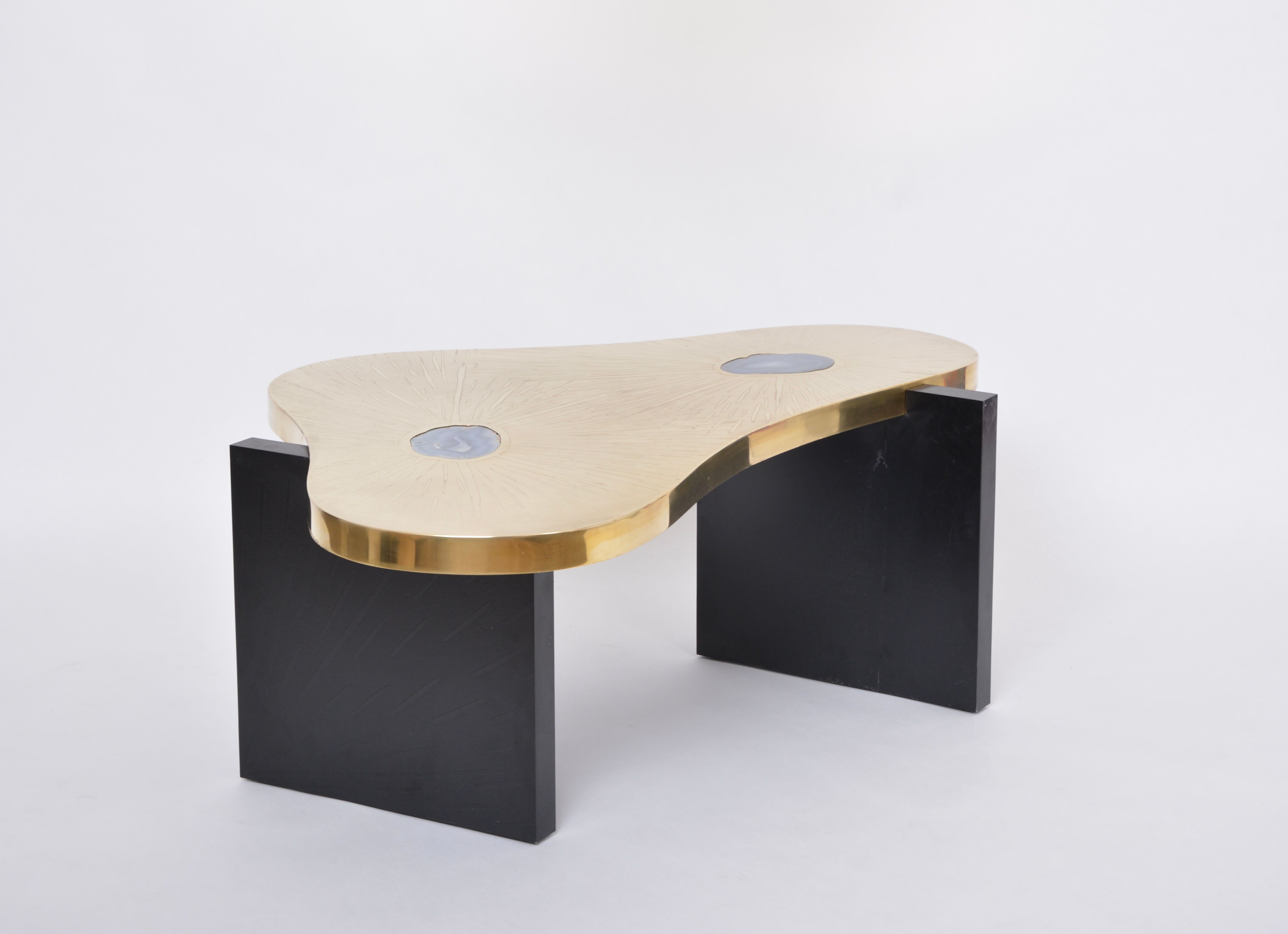 Etched Brass coffee table with Agathe Stones in the style of Lova Creation