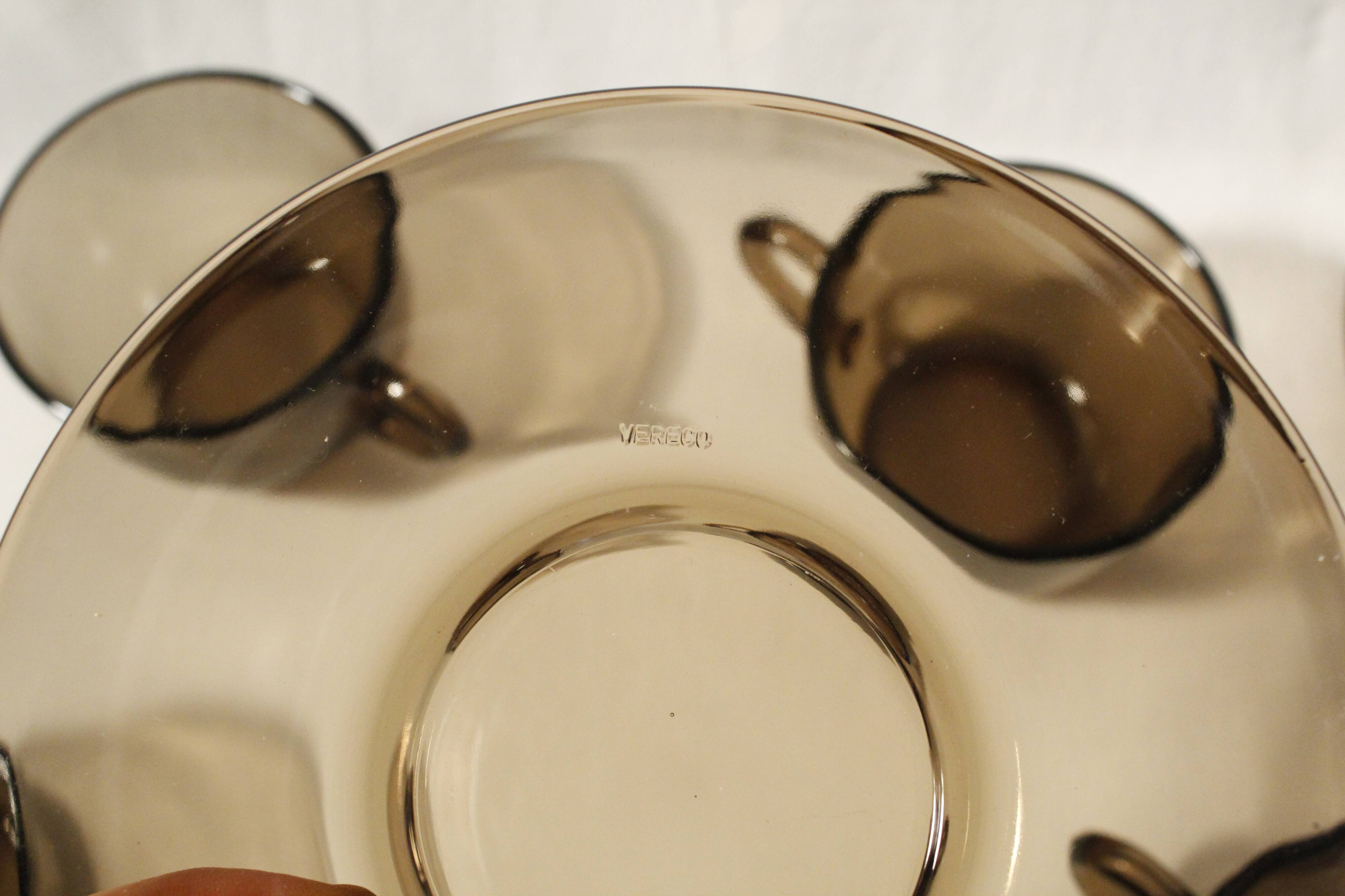 Set of 6 coffee cups and vintage saucers Vereco brown smoked glass