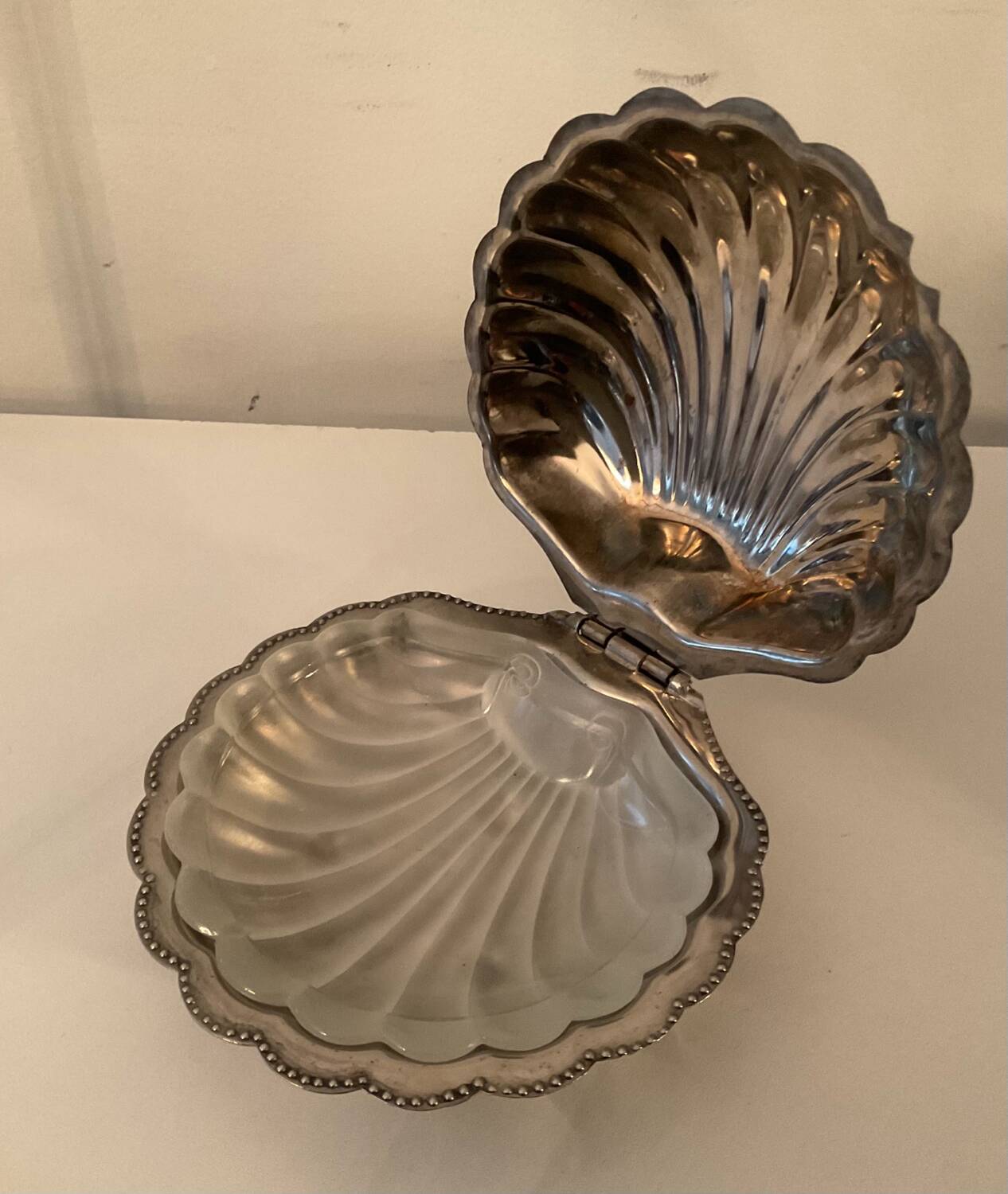 Vintage silver metal shell butter dish