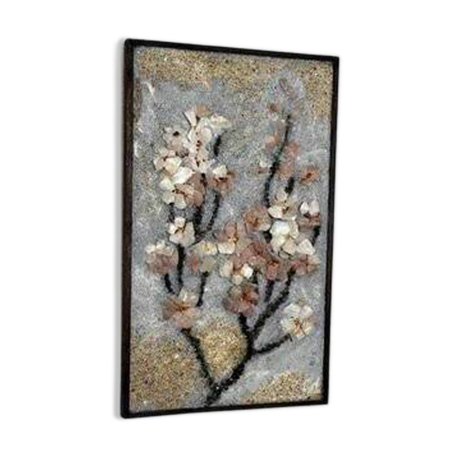 Swedish Stone work on Panel “Äppelblom” By Olga Aue‑Birkfeldt, Framed 52×32cm