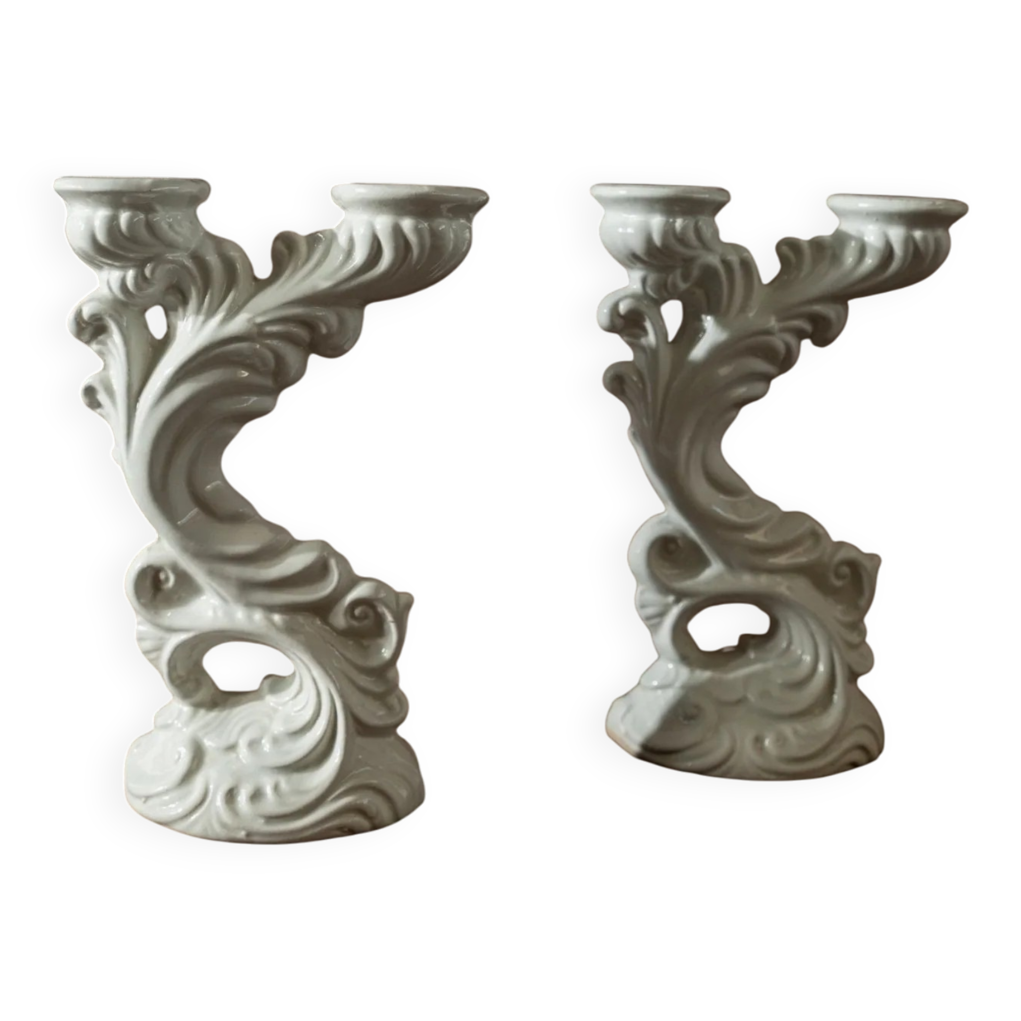 Two White Biscuit Porcelain Candleholders, Vintage Ceramic Candlesticks, Italy 1930s – Elegant Rococo-Style Decor