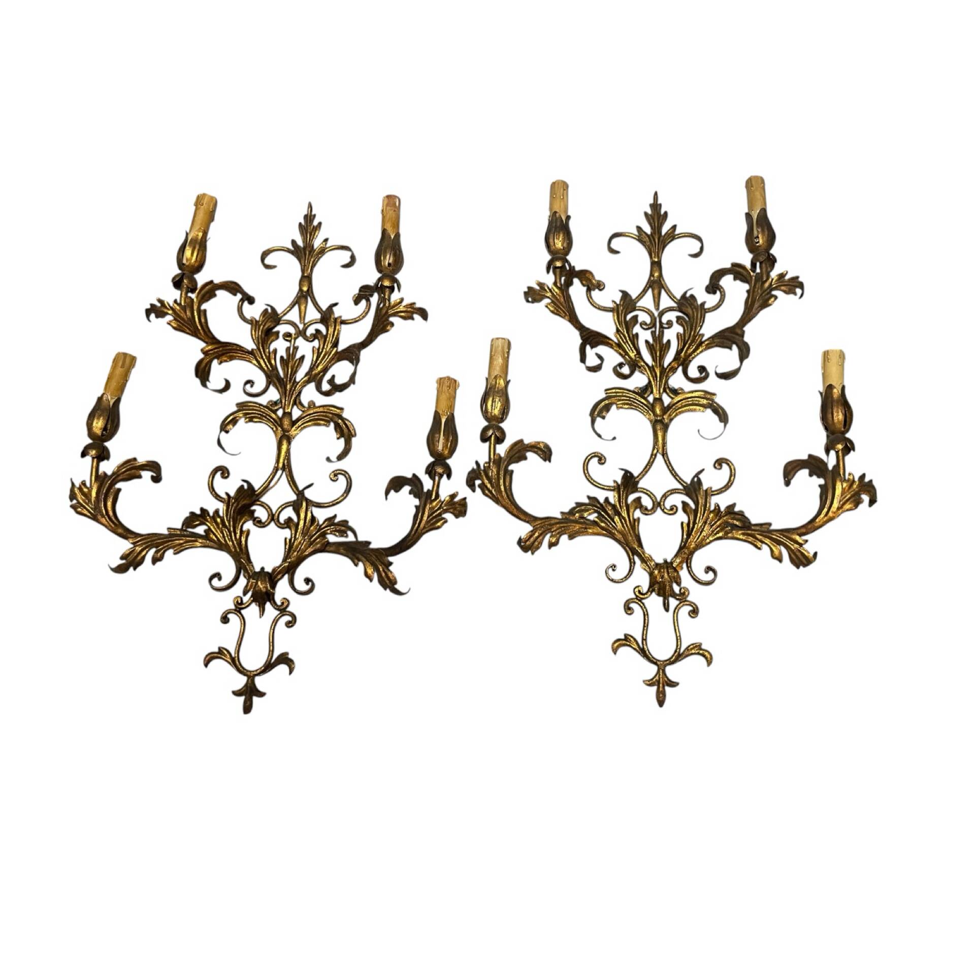 Large Italian Tole Gold Gilded Sconces Set of 2  1960’s 