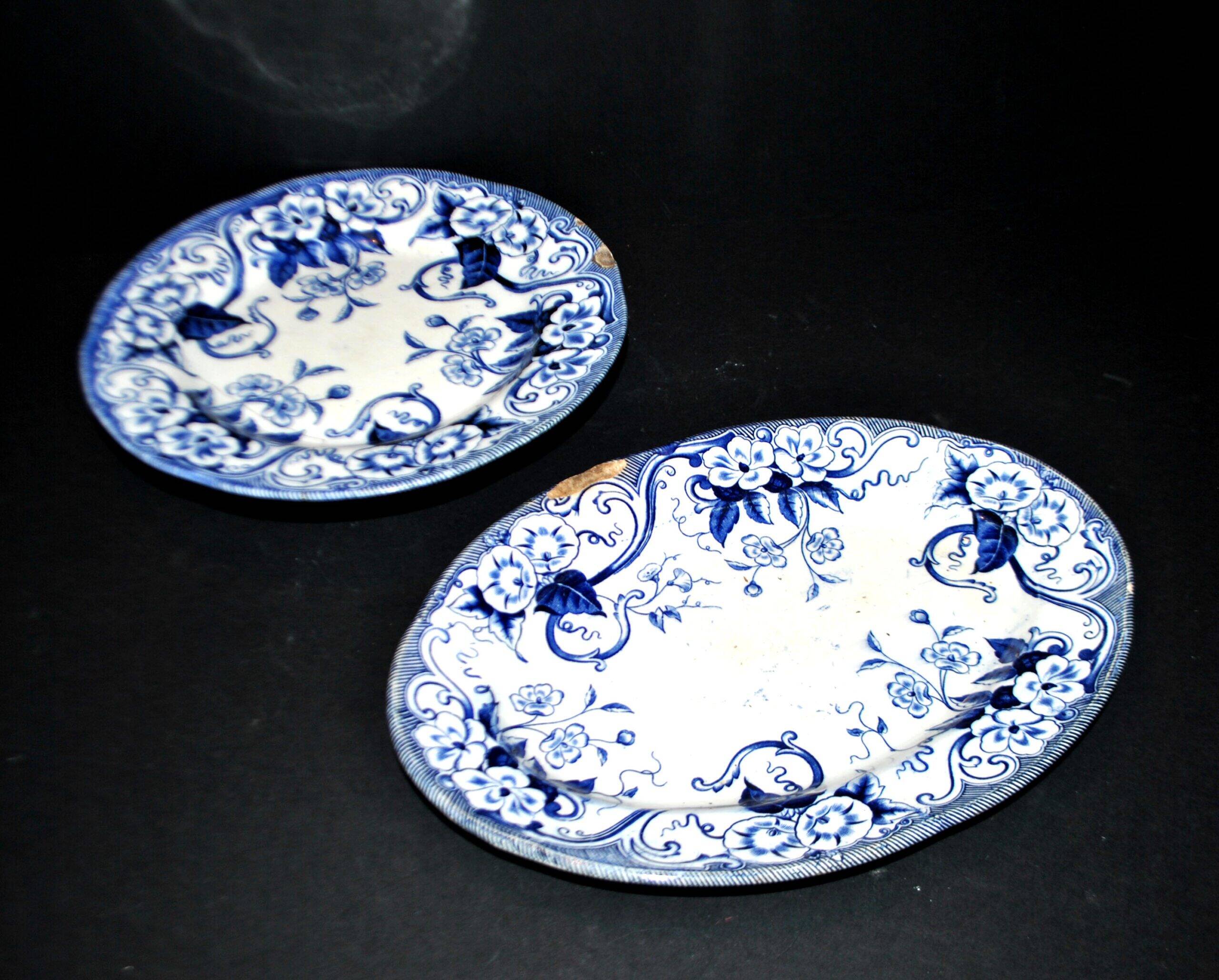 Creil Montereau oval dish and mounted plate Flora blue bindweed 1850 LM&Cie