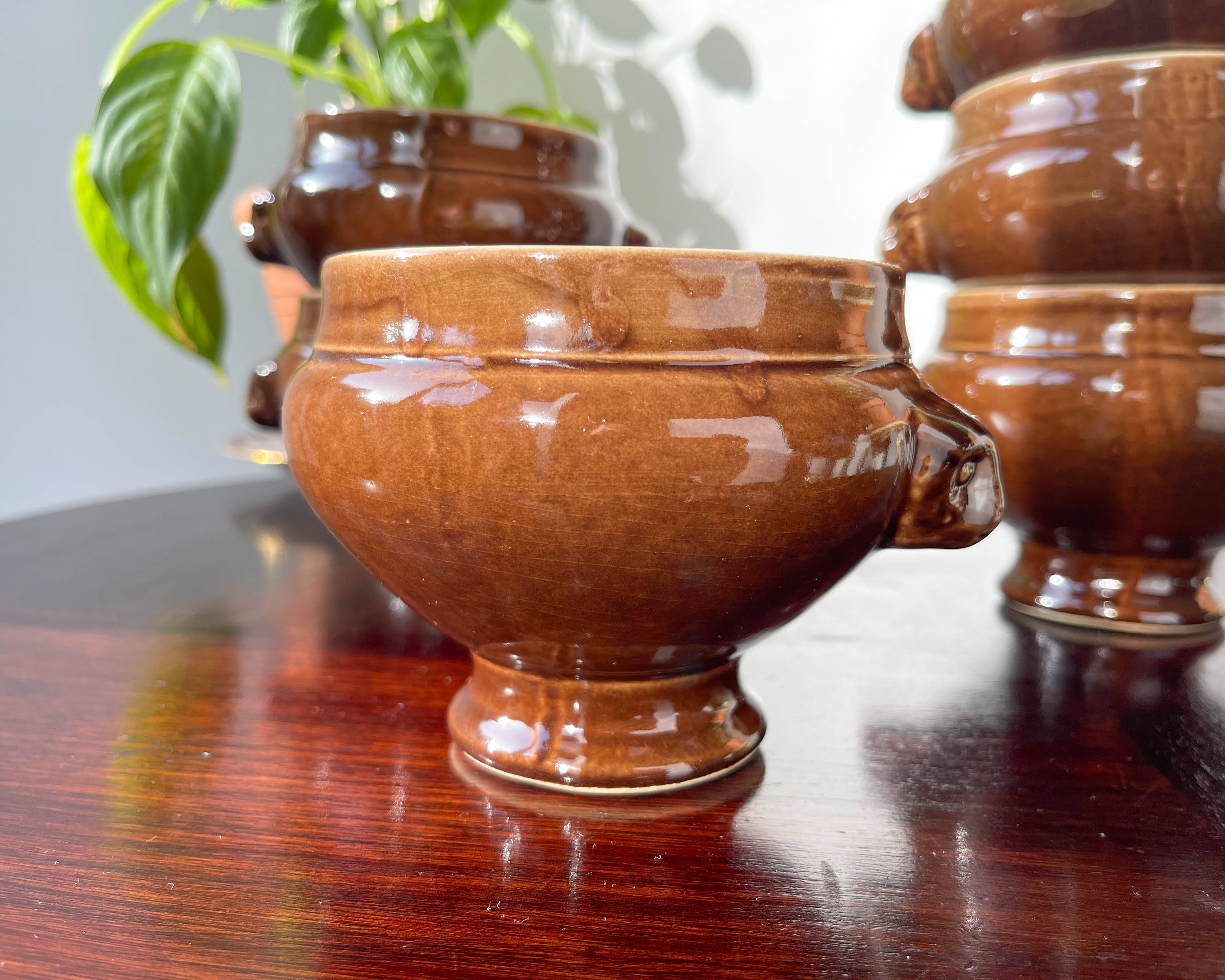 6 Lion's Head bowls in bi-colour brown and cream ceramic by Emile Henry, vintage, made in France.