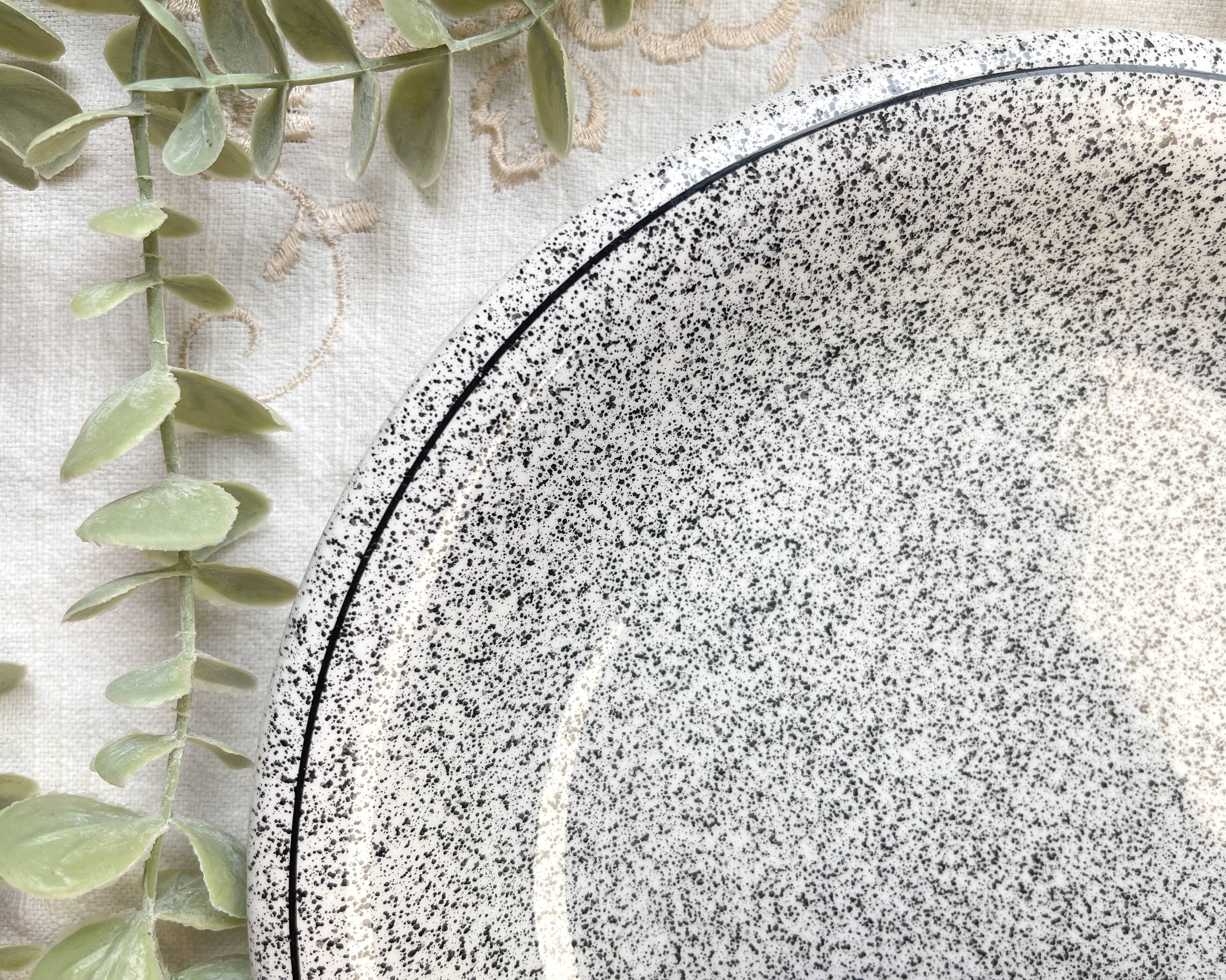 3 Black and white speckled Italian earthenware plates