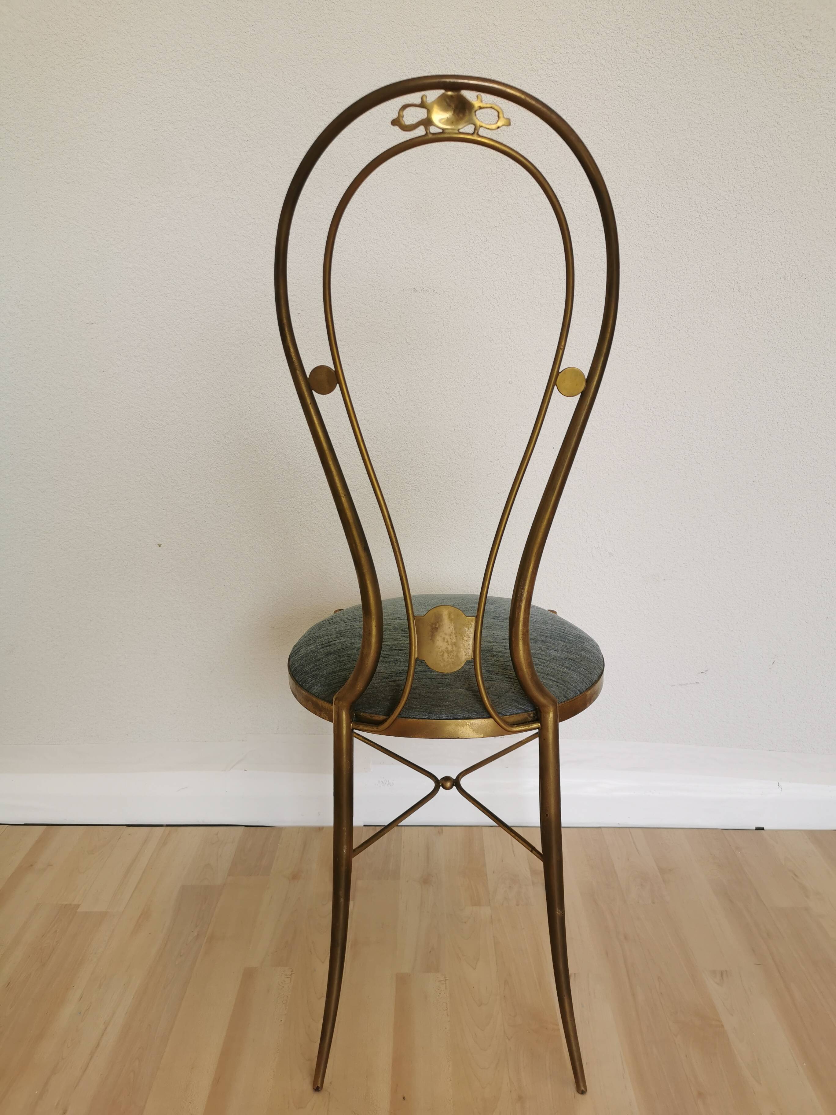 Vintage Paolo Buffa Brass Vanity Chair: Chiavari Style, Blue Fabric, 1950s