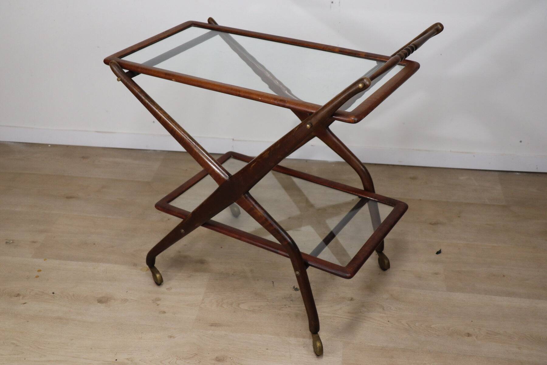 Vintage wooden and glass rolling trolley, 1960