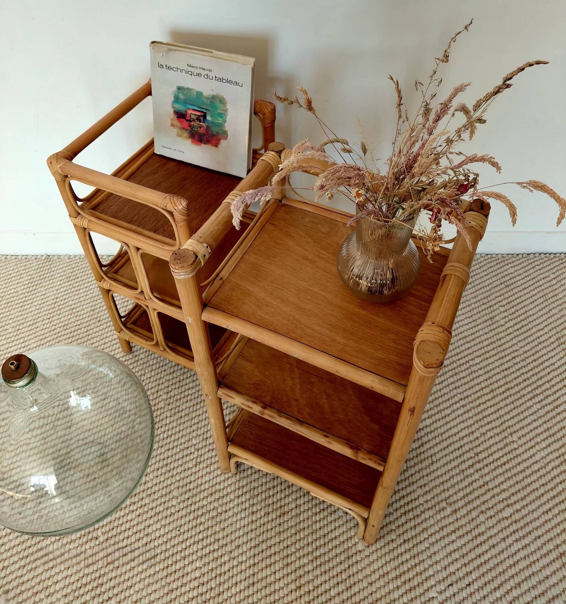 Pair of bedside tables/vintage bamboo and rattan accent furniture - 1970s