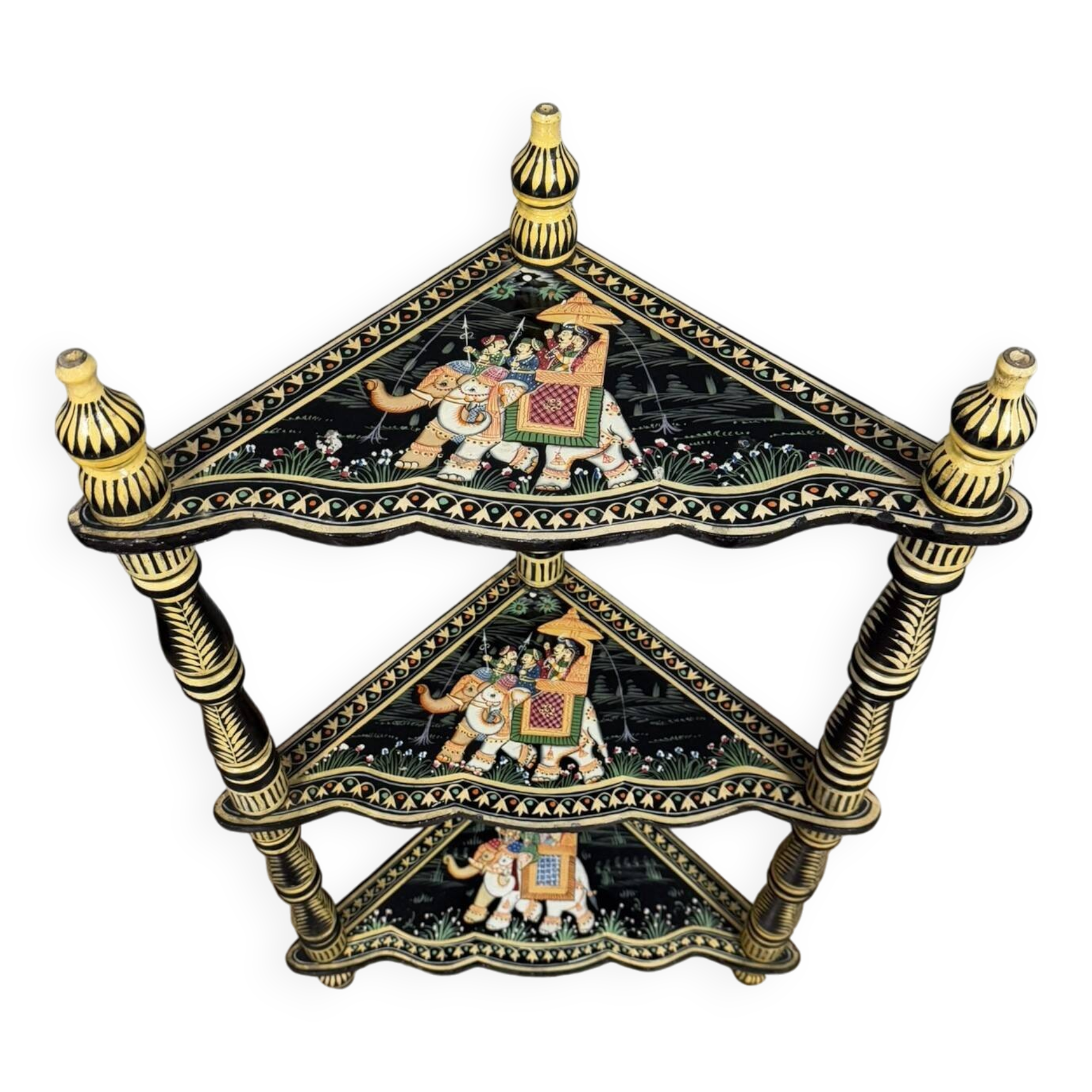 India circa 1900: attractive corner shelf in lacquered and painted wood