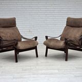 1970s, Scandinavian lounge chair, nubuck leather, canvas, beech wood.