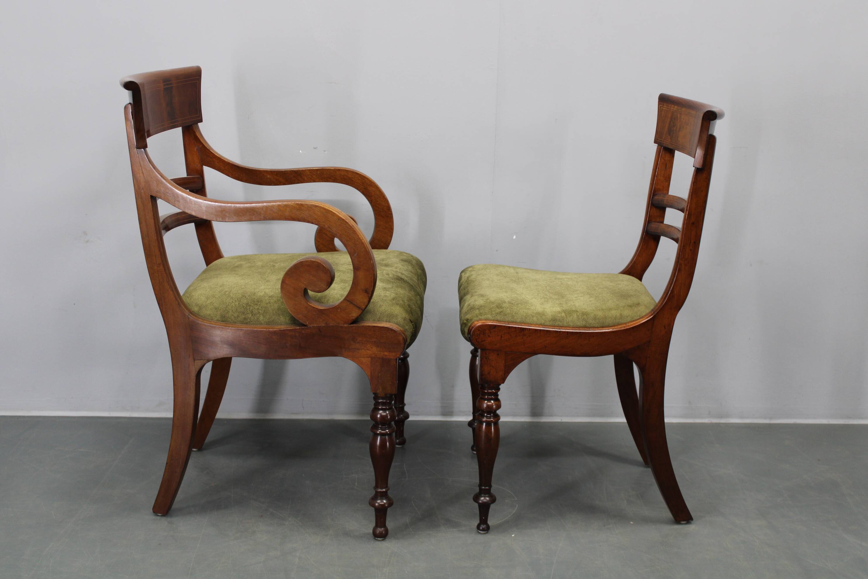 French Art Deco walnut dining chair set with armchairs, France 1930s