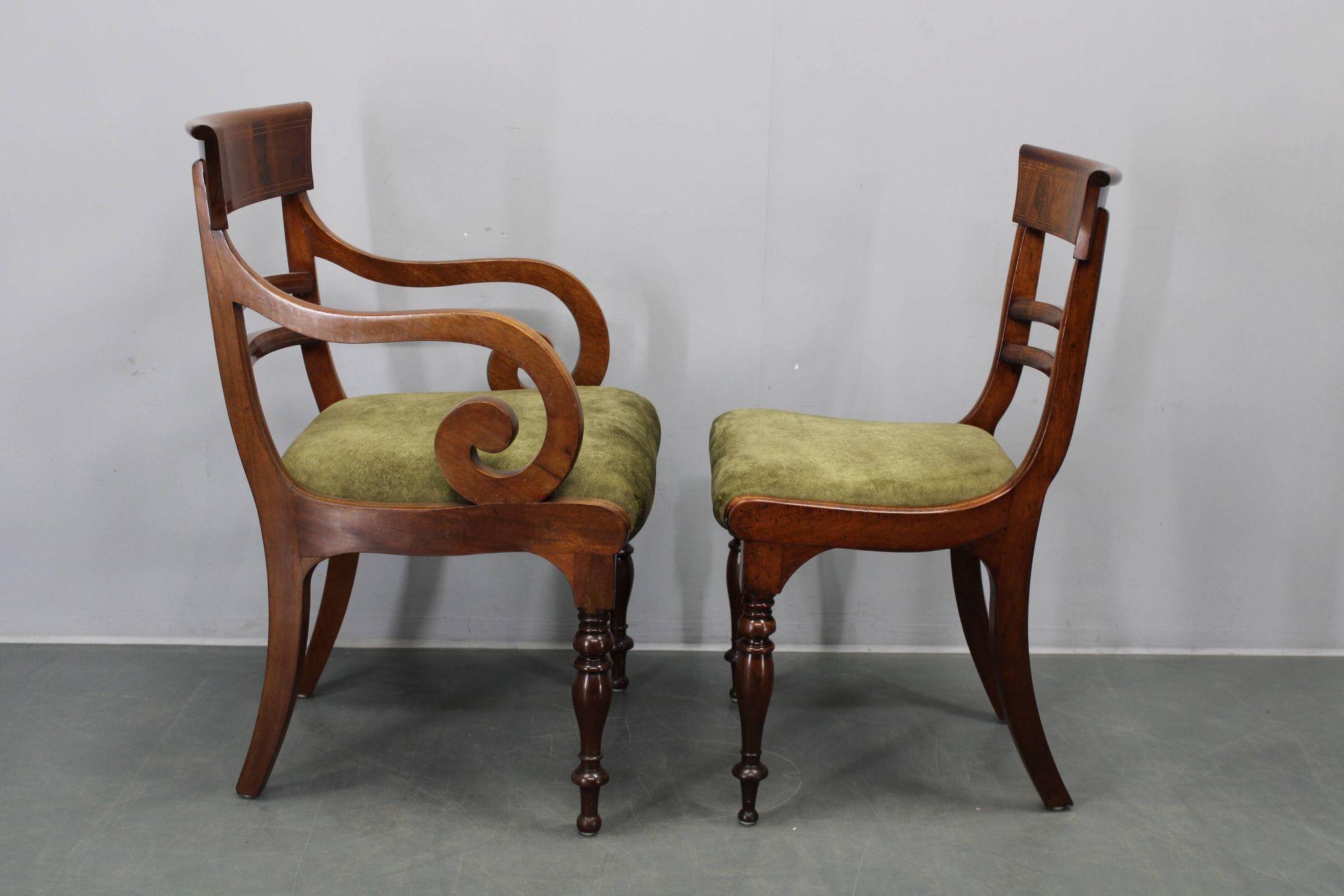 French Art Deco walnut dining chair set with armchairs, France 1930s
