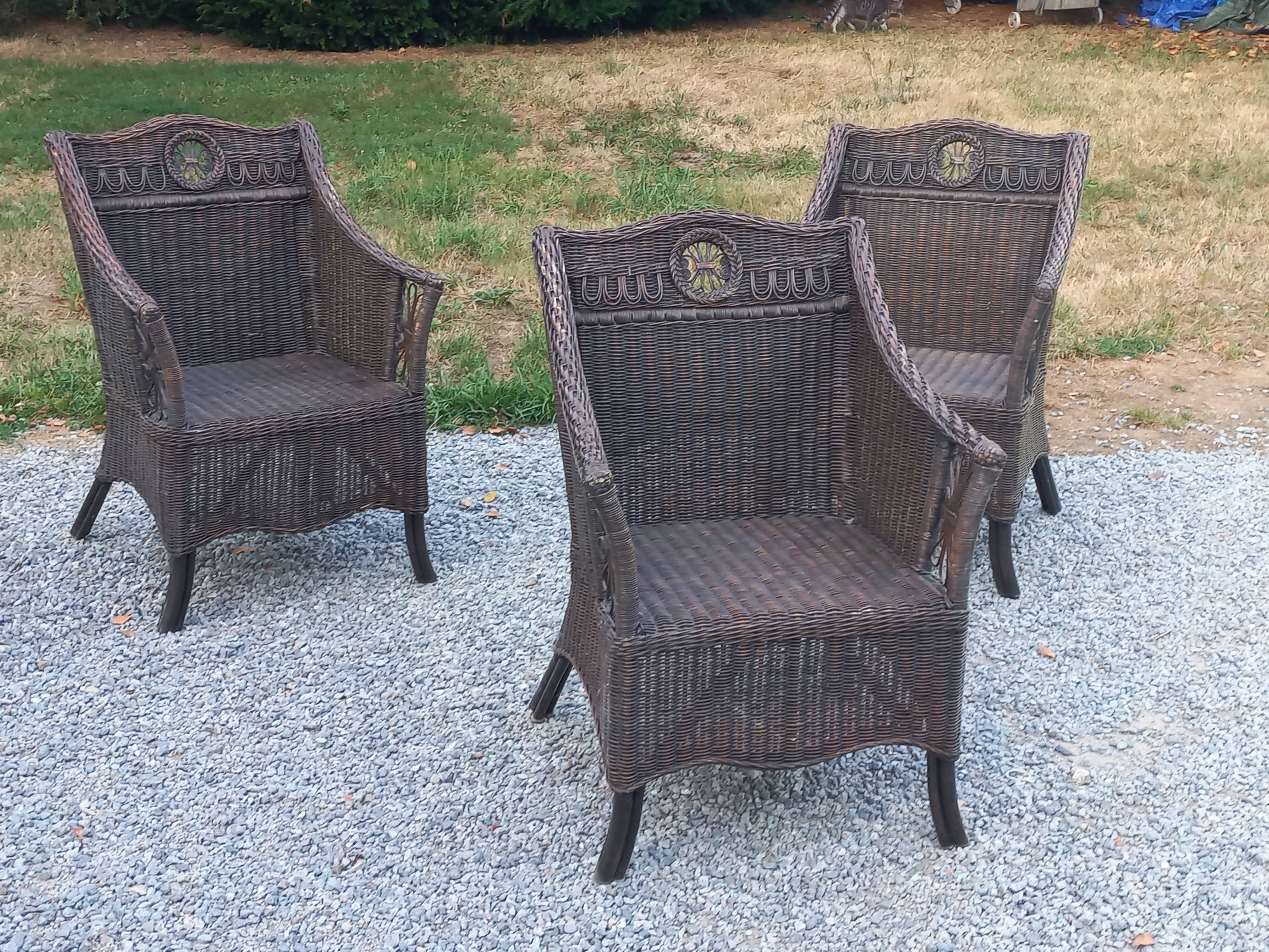 Set de 3 fauteuils en rotin des années 70