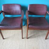 Pair of armchairs in rosewood from Rio and plum leather, Denmark 1960