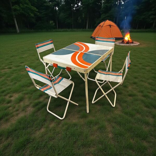 Set de camping vintage en valise : 4 chaises et table pliante