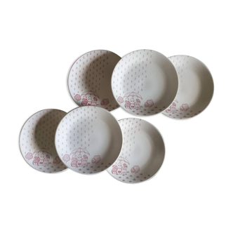 Assiettes à dessert X6 anciennes modèle naïf sous la pluie de la manufacture française de Sarreguemines
