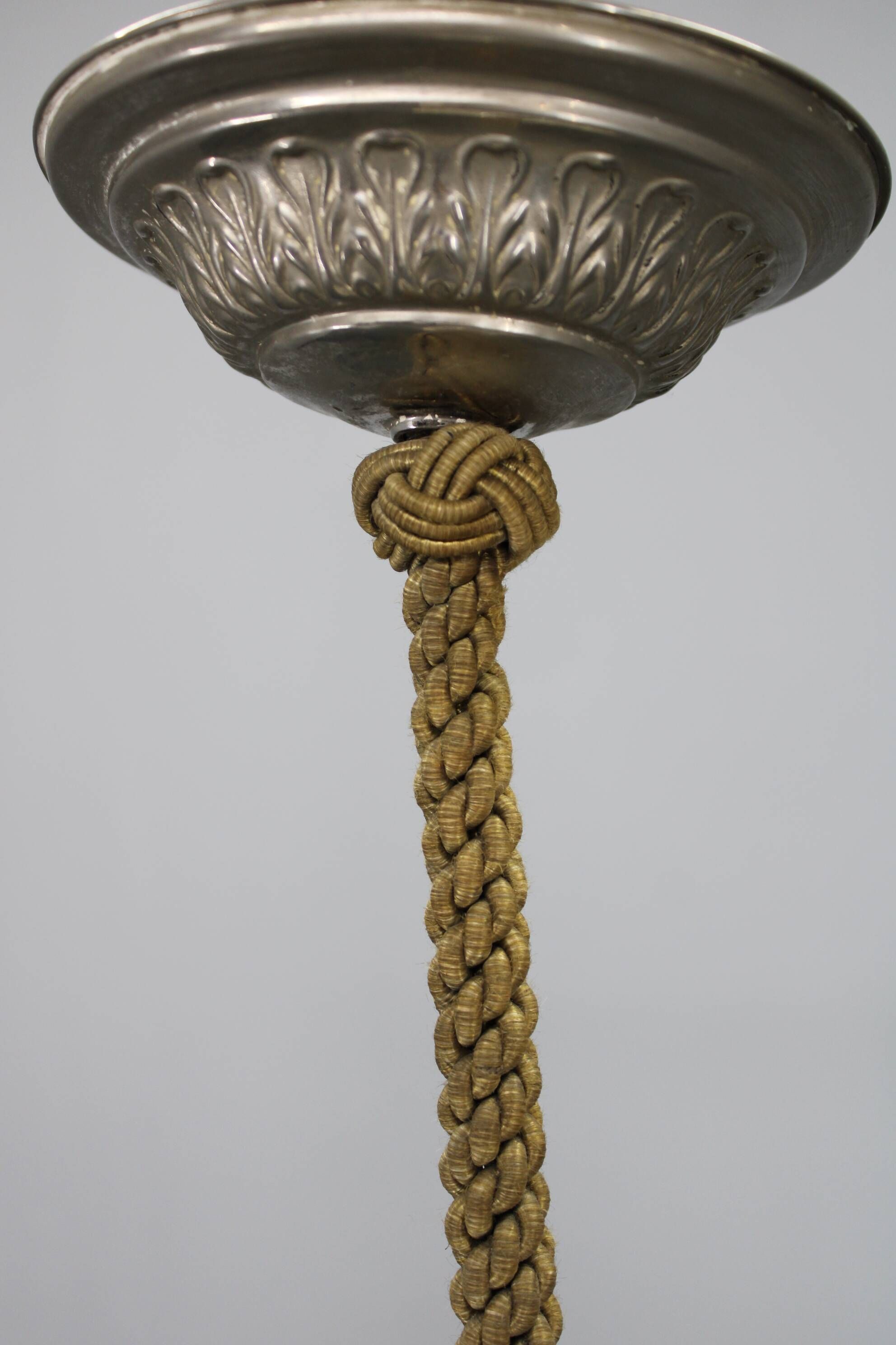 1930s European Secession–Art Deco pendant light with rope suspension and glass