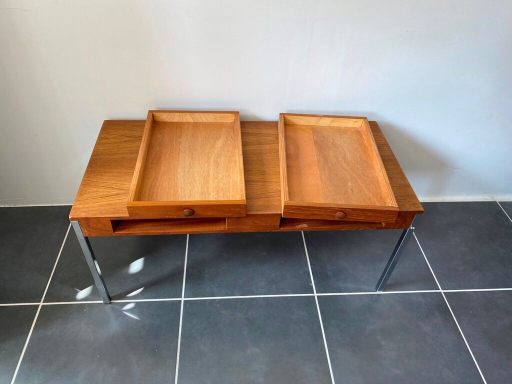 Table basse teck scandinave pieds chromés vintage 1960