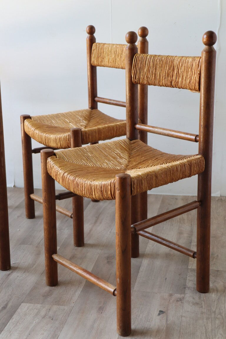 Series of 4 vintage straw and wood chairs, 1960
