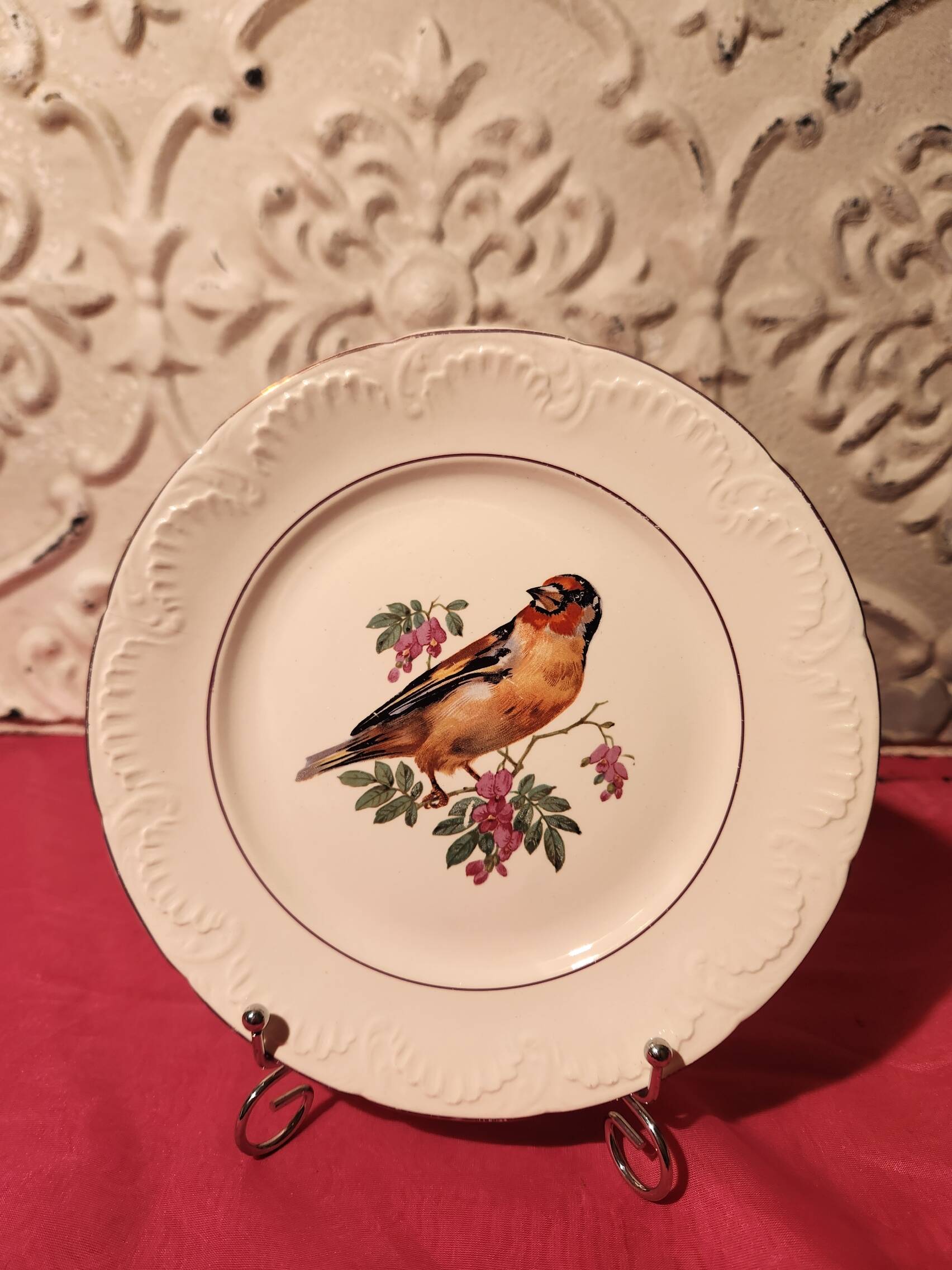 6 dessert plates Digoin Sarreguemines with coloured bird design.