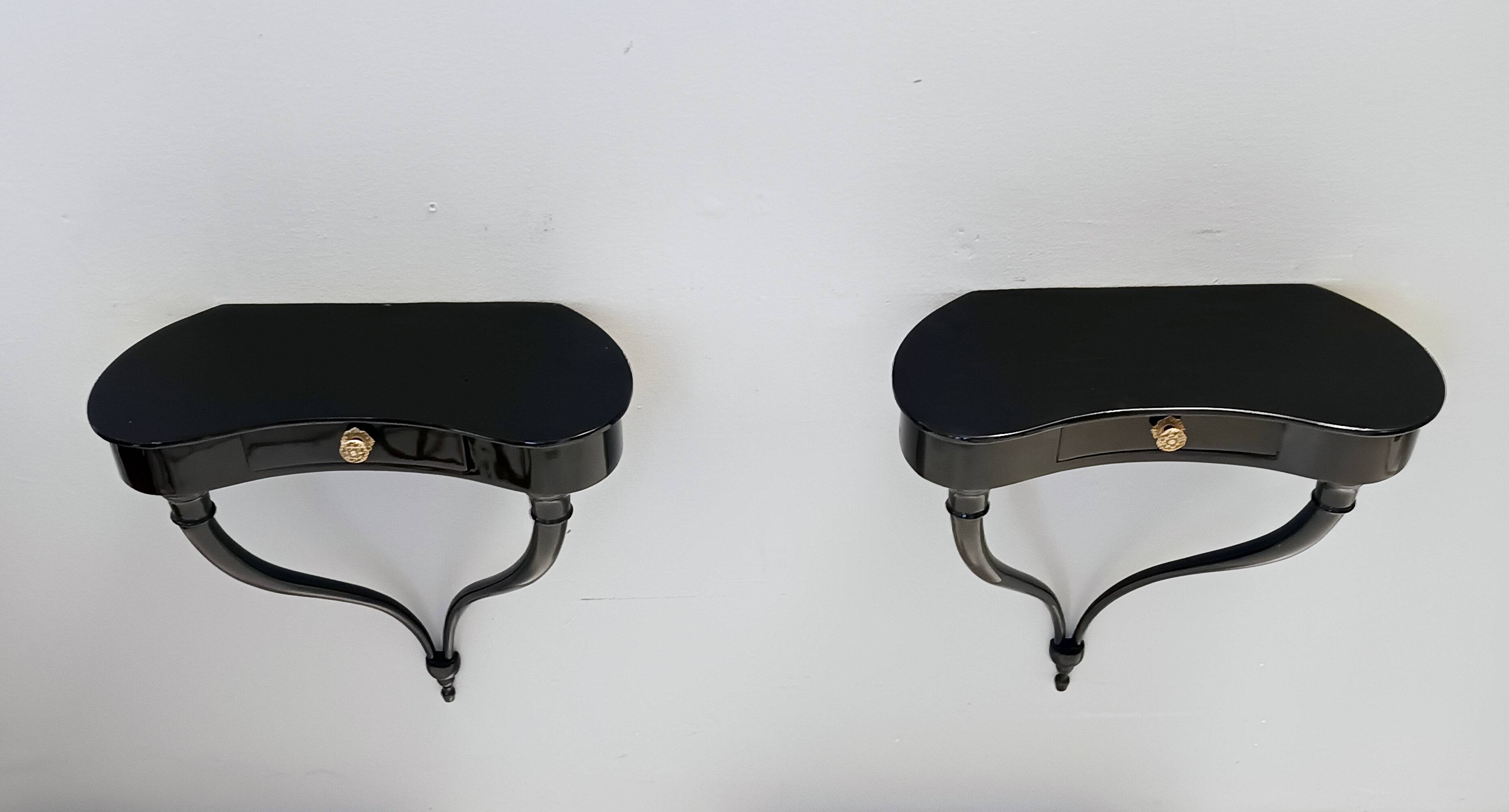 Pair of Black Wall-Mounted Console Tables / Nightstands attr. to Ulrich