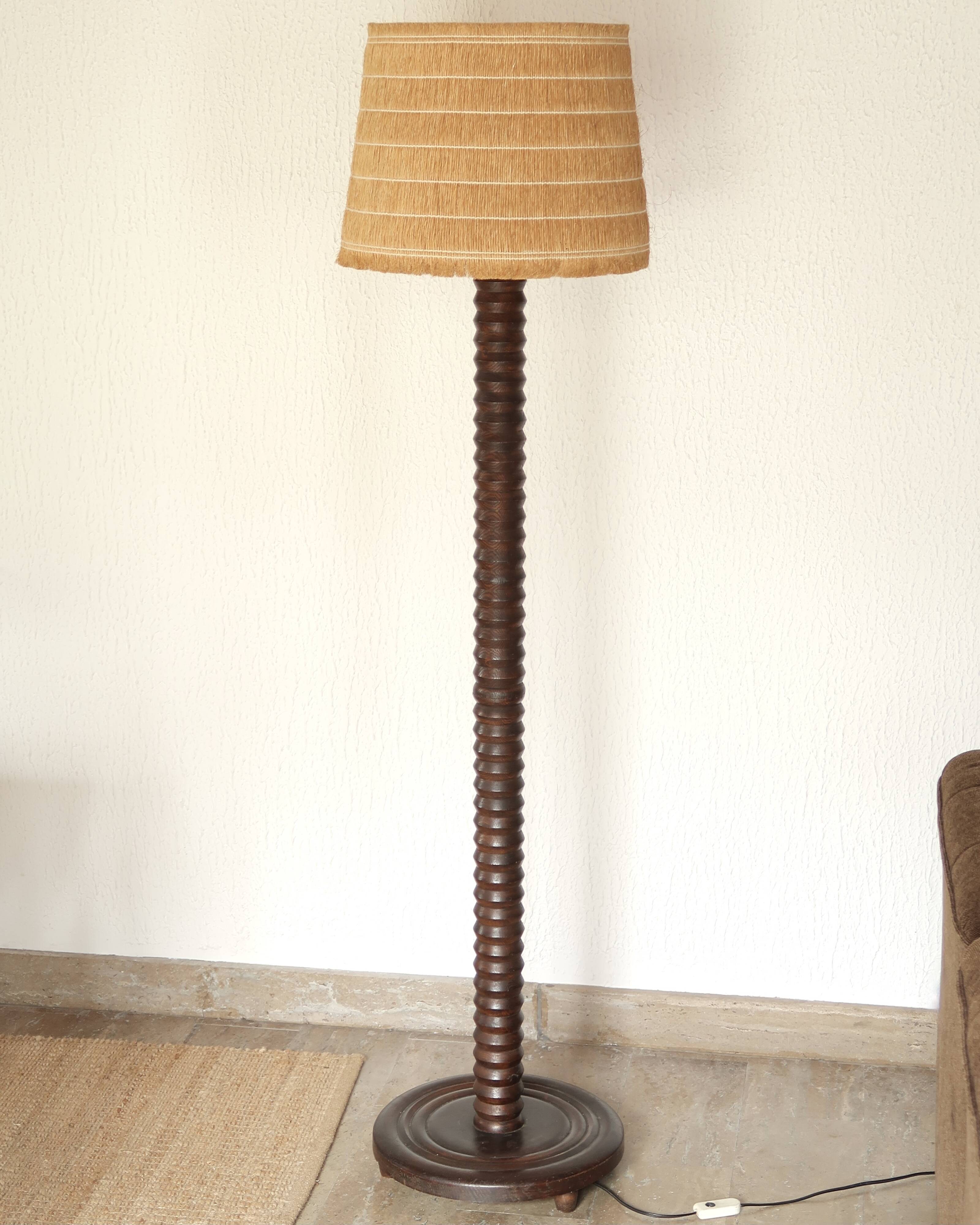 Wooden column floor lamp by Charles Dudouyt, 1940s