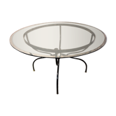Dining room table base wrought iron and brass, glass top., 1980s