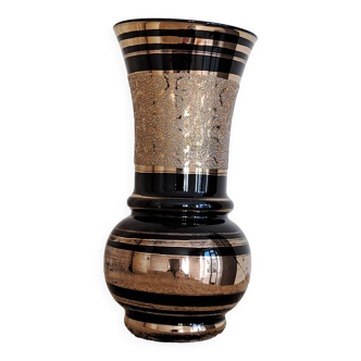 Vase Art Deco années 30 en verre noir et dorures Paul Heller pour De Rupel à Boom