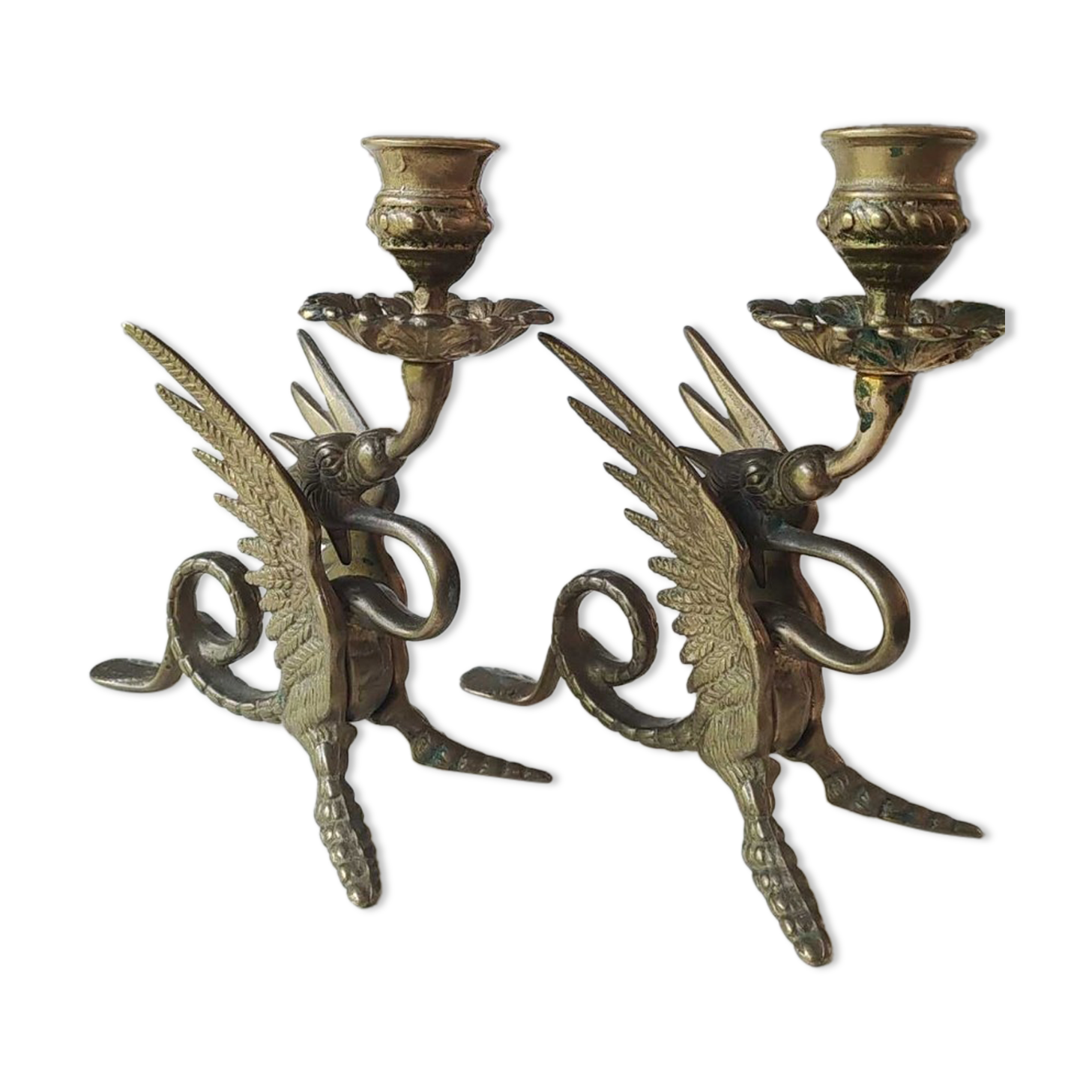 Pair of bougeoirs antiques dragons winged / chimeras / phoenix, style napoleon iii, 19th. in gilded bronze