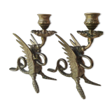 Pair of bougeoirs antiques dragons winged / chimeras / phoenix, style napoleon iii, 19th. in gilded bronze