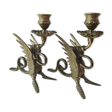 Pair of bougeoirs antiques dragons winged / chimeras / phoenix, style napoleon iii, 19th. in gilded bronze