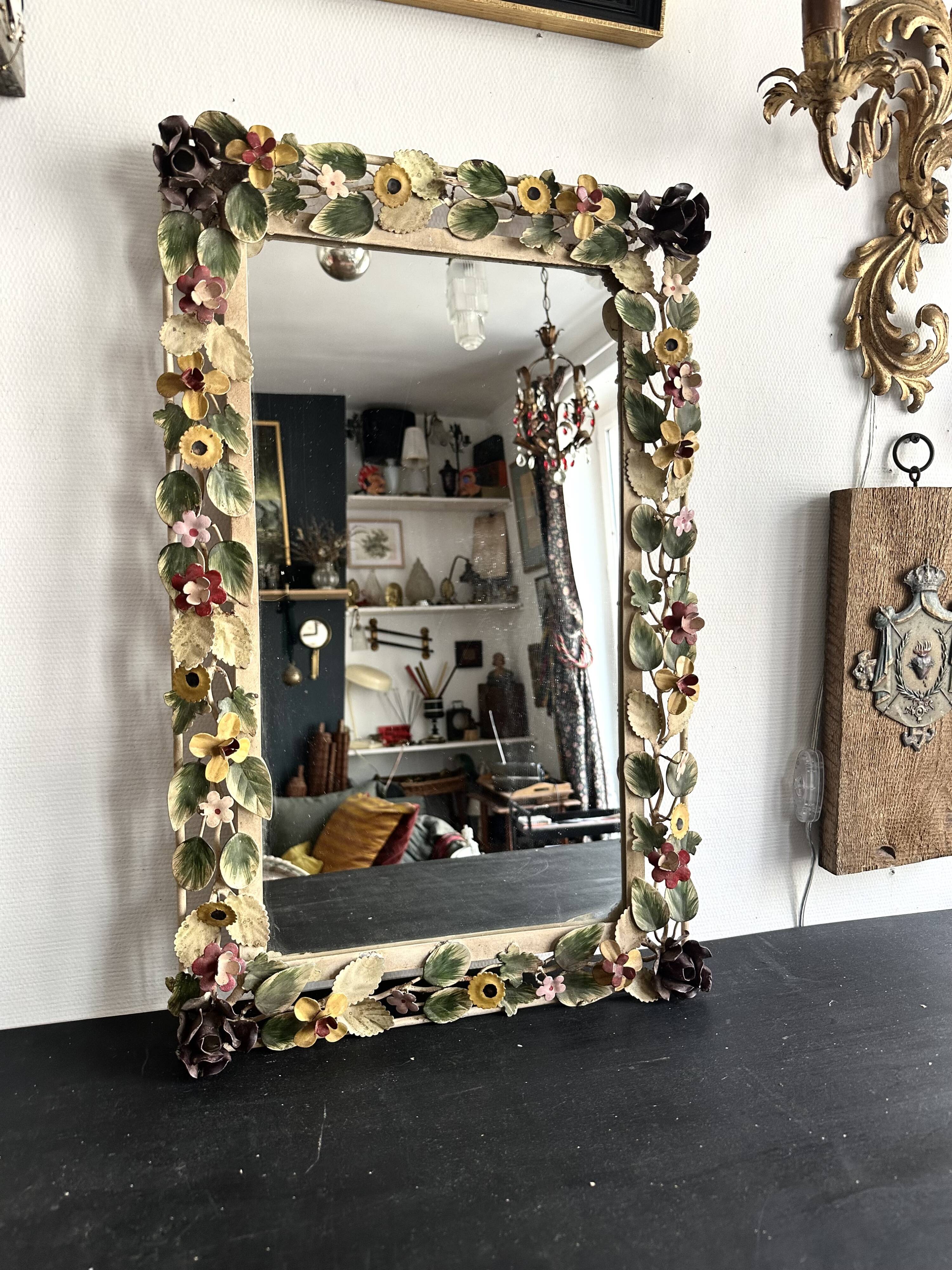 Italian wall mirror in polychrome floral metal, 1950s